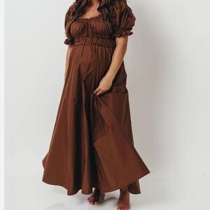 Worth Collective Sydney Brown Puff Sleeve maxi Dress Neutral boho maternity